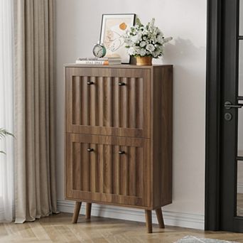 23.6 Inch Walnut Shoe Cabinet, Adjustable Tiered Storage, Anti-Tipping Design, for Entryway Hallway