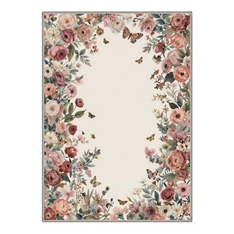 GENIMO Butterfly Blossom Wreath Border Machine Washable Low Pile Non Slip Soft Rug