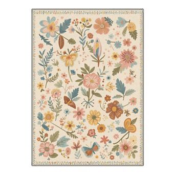 GENIMO Butterfly Wildflower Leaf Border Machine Washable Low Pile Non Slip Soft Rug