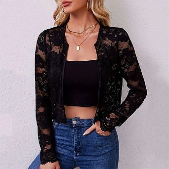 Elegant Lady Long-Sleeve Sheer Lace Trim Cardigan Top, Nylon Base Fabric, Lace Overlay for Women