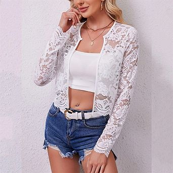Elegant Lady Long-Sleeve Sheer Lace Trim Cardigan Top, Nylon Base Fabric, Lace Overlay for Women