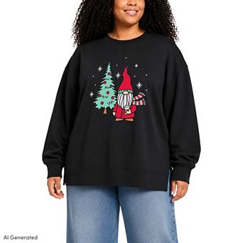 Plus Size Christmas Gnome Tree Oversized Fleece Crew Sweatshirt
