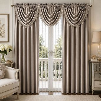 Kate Aurora 6 pc Maison Estate Semi Sheer Collection Window Curtains & Beaded Valance Set