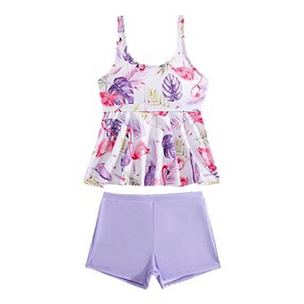 Girls' 2 pc Tankini Set Ruffle Top with Solid Shorts Swimsuit