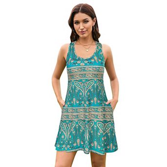 ATTRACO Women Printed Racerback Dress Scoop Neck Casual Swing Mini Dress With Pads And Side Pockets