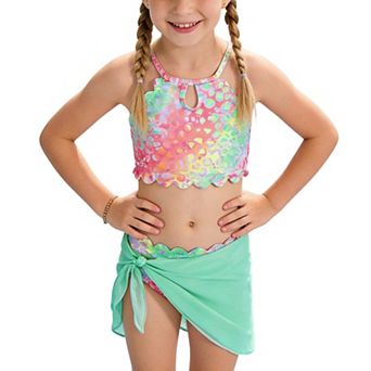 Girls' 3 pc Bikini Set with Cover Up Scalloped Hem Halter Swimwear for 4-7 Years