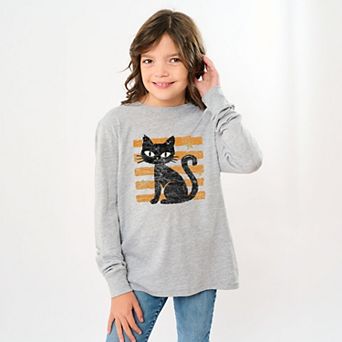 Black Cat Orange Stripes - Youth Long Sleeve Graphic T-Shirt