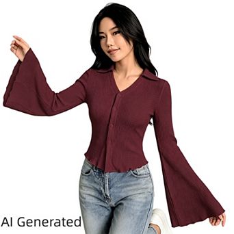 Womens Slim Fit Button Down Shirt Bell Long Sleeve Shirt Fashion V Neck Collared Blouse Fitted Tops