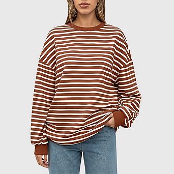 Womens Oversized Striped Sweatshirt Casual Crewneck Long Sleeve Trendy Pullover Tops