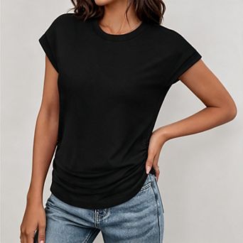 Womens Summer Ruched Cap Short Sleeve t Shirts Trendy Crew Neck Tops