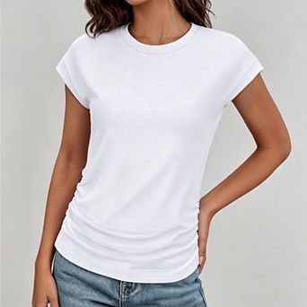 Womens Summer Ruched Cap Short Sleeve t Shirts Trendy Crew Neck Tops
