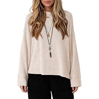 Women’s Long Sleeve Round Neck Soft Loose Pullover with Back Cutout and Twist Ribbed Detail