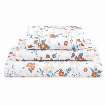 Orange Floral Printed 3 pc Microfiber Bedding Set Deep Pocket Non Slip Straps
