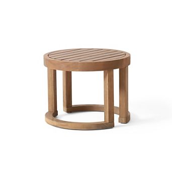 18" Brown Wash Solid Acacia Wood Outdoor Side Table, Circular Patio End Table