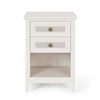Grayish White Boho Farmhouse Nightstand with 2 Rattan Drawers & Open Storage