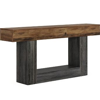 63" Farmhouse Narrow Long Wooden Console Table with U-Shaped Base & Storage Shelf