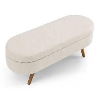 43.5" Oval Beige Pleated Fabric Storage Ottoman Bench with Rubber Wood Legs