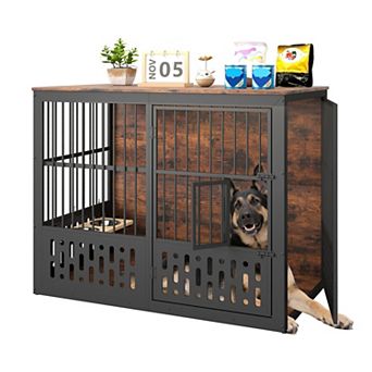 48 Inch XXL Dog Crate Furniture, Wooden Chewproof Dog Kennel with Window, 360° Adjustable Bowls