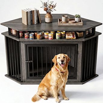 51" Large Corner Dog Crate Furniture with 2 tier Storage Shelves 2 tier shelves and 200 lb top