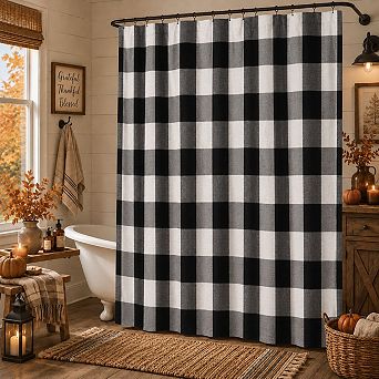 Kate Aurora Country Farmhouse Living Buffalo Plaid Checkered Black and White Fabric Shower Curtain