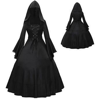 Medieval Hooded Lace Up Flare Sleeve Cosplay Costume