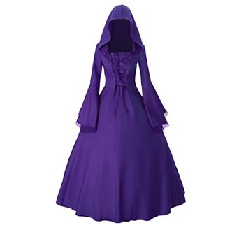 Medieval Hooded Lace Up Flare Sleeve Cosplay Costume