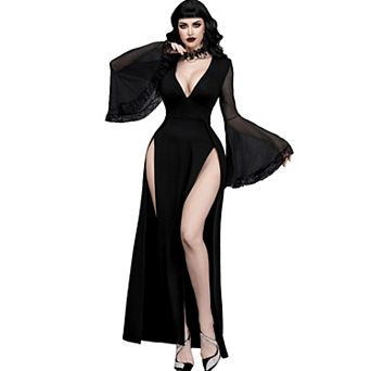 Women Gothic V Neck High Slit Witch Sleeve Lace Patchwork Bridal Dress