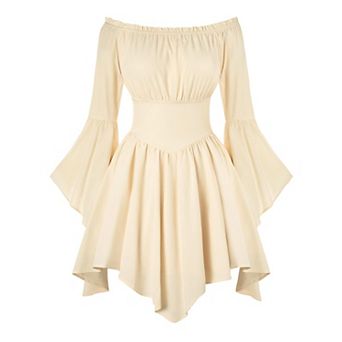 Women Renaissance Pirate Off Shoulder Corset Dress Bell Sleeve Pockets Medieval Party Wear
