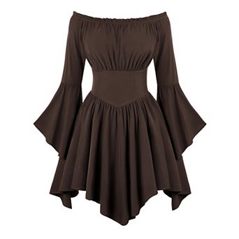 Women Renaissance Pirate Off Shoulder Corset Dress Bell Sleeve Pockets Medieval Party Wear