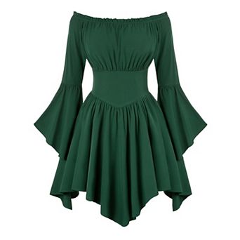 Women Renaissance Pirate Off Shoulder Corset Dress Bell Sleeve Pockets Medieval Party Wear