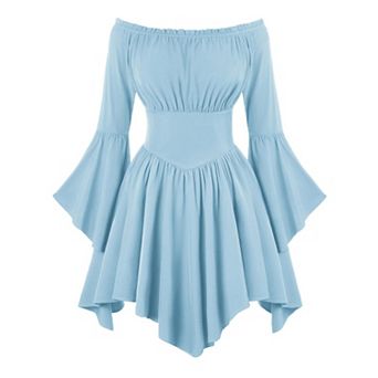 Women Renaissance Pirate Off Shoulder Corset Dress Bell Sleeve Pockets Medieval Party Wear