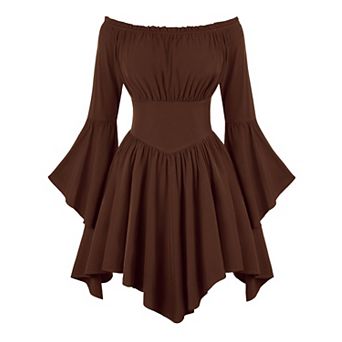 Women Renaissance Pirate Off Shoulder Corset Dress Bell Sleeve Pockets Medieval Party Wear