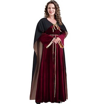 Women Witch Medieval Renaissance Cosplay Costume Long Dress With Cape And Belt