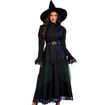 Womens Witch Costume Outfit Lace Detail Dress Hat Belt Halloween Party Wear