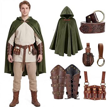 Renaissance Medieval Hooded Cloak Costume Set with Belt Pouch Vials Bracer Accessories