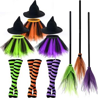 3 Pairs 3 Packs Womens Witch Costume Tutu Dress Set With Broom Hat And Socks For Party