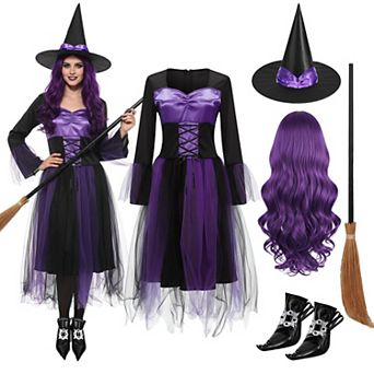 Women Witch Costume Set With Dress Hat Wig Broom Shoe Covers