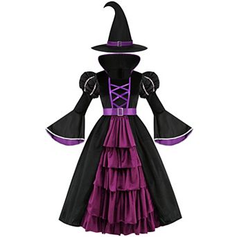 Witch Costume Bubble Sleeve Dress With Matching Hat For Cosplay Themed Parties