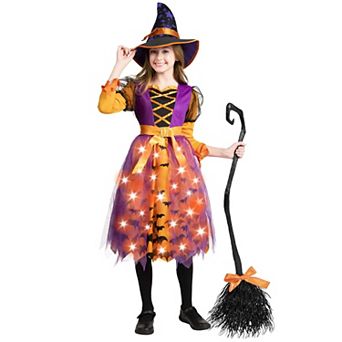 Light Up Polka Dots Witch Tutu Costume With Hat Broom For Halloween Role Play