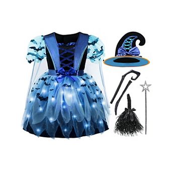 Light Up Witch Costume Set With Hat Broom Wand Glow In The Dark For Halloween Dress Up Parties