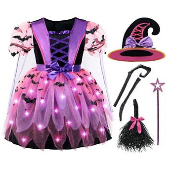 Light Up Witch Costume Set With Hat Broom Wand Glow In The Dark For Halloween Dress Up Parties