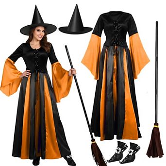 Women Witch Costume Set Classic Dress Hat Broom Shoe Covers