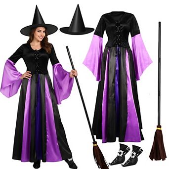 Women Witch Costume Set Classic Dress Hat Broom Shoe Covers