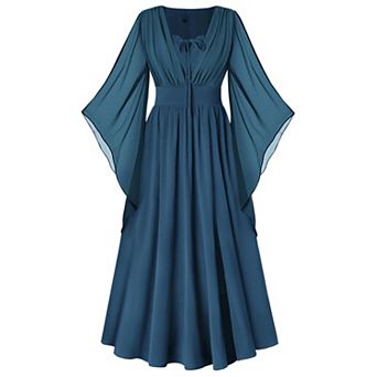 Renaissance Pirate Medieval Maxi Dress Bell Sleeve Pockets Flowy A Line