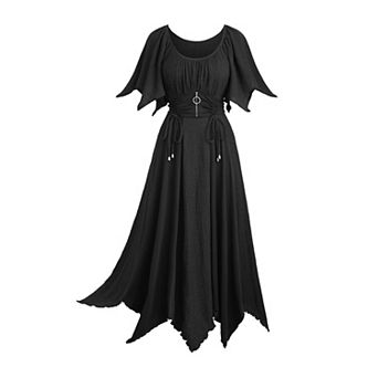 Women Medieval Renaissance Midi Dress Short Bell Sleeves Handkerchief Hem Costume