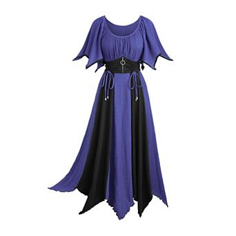 Women Medieval Renaissance Midi Dress Short Bell Sleeves Handkerchief Hem Costume