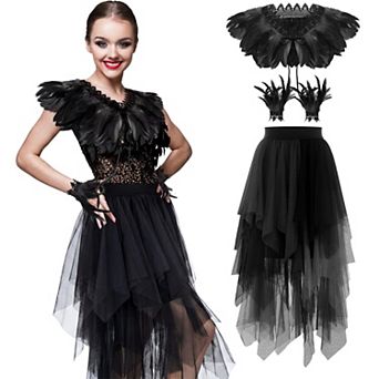 Womens Witch Costume Set Feather Lace Shawl Bracelet Tulle Skirt