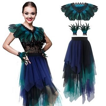 Womens Witch Costume Set Feather Lace Shawl Bracelet Tulle Skirt