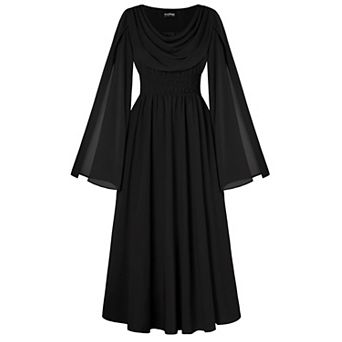 Women Renaissance Medieval Dress Split Bell Sleeve Cowl Neck Shirred Waist A-Line Flowy