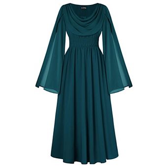 Women Renaissance Medieval Dress Split Bell Sleeve Cowl Neck Shirred Waist A-Line Flowy